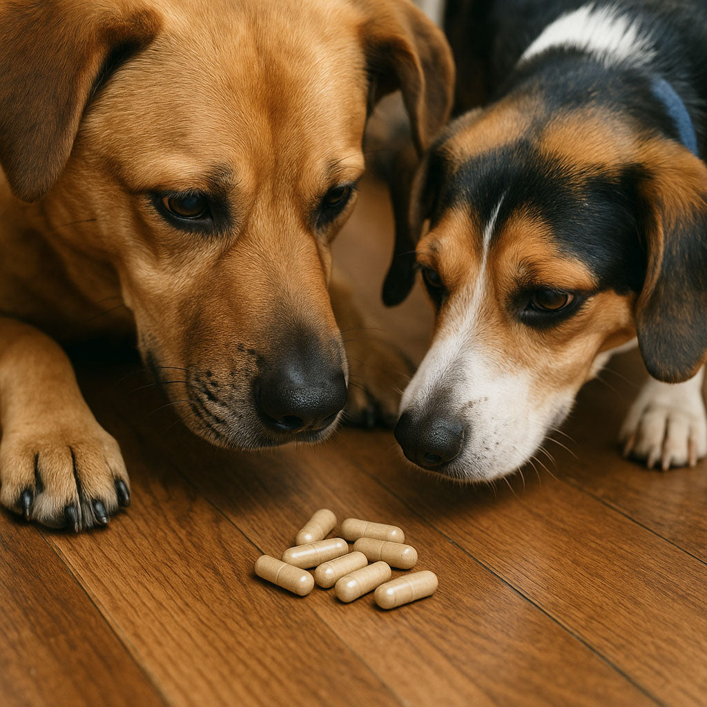 Two dogs looking at a row of pills on a wooden floor
