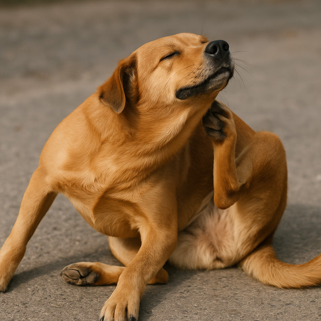 Dog scratching itself on a concrete surface